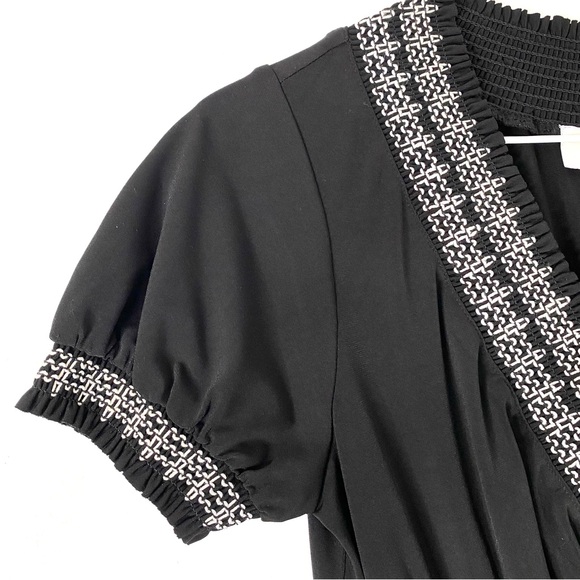 Talbots Black V-Neck White Embroidered Short Sleeve Midi Dress - Picture 5 of 8